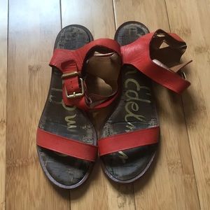 orange leather strappy sandals with gold heel
